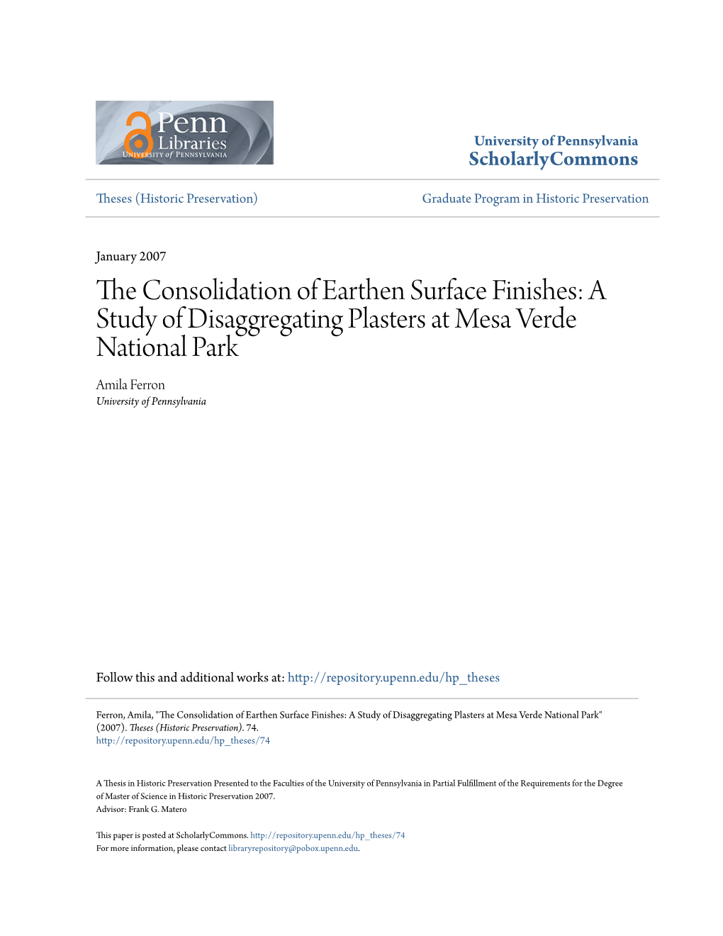 The Consolidation of Earthen Surface Finishes: a Study of Disaggregating Plasters at Mesa Verde National Park