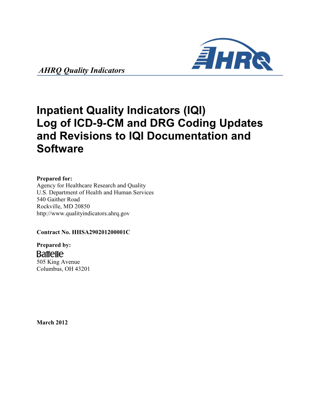 Log of ICD-9-CM and DRG Coding Updates and Revisions to IQI Documentation and Software