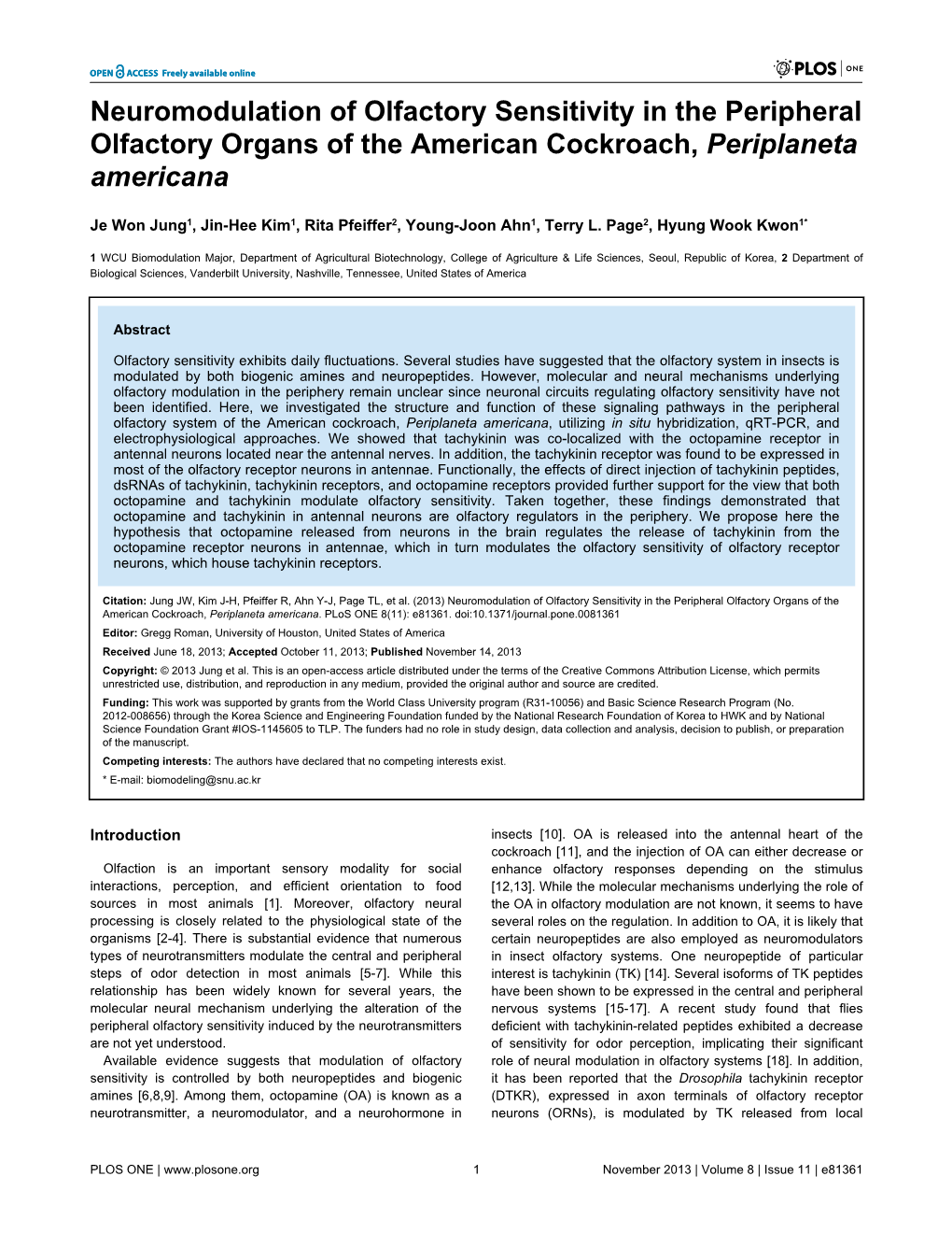 Neuromodulation of Olfactory Sensitivity in the Peripheral Olfactory Organs of the American Cockroach, Periplaneta Americana