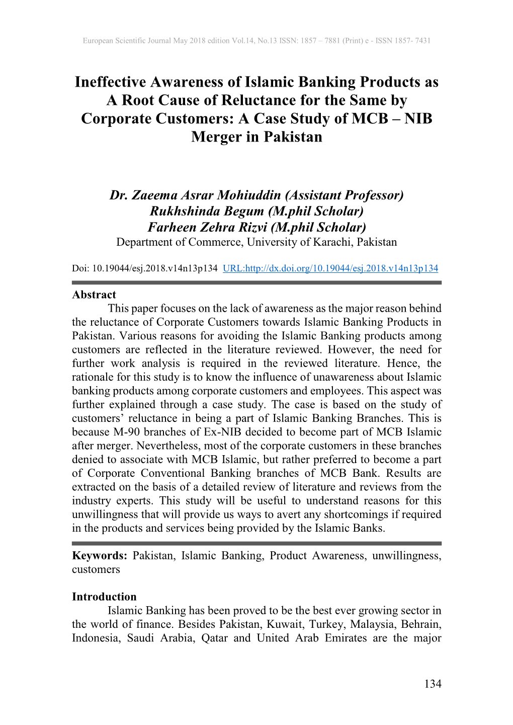 Ineffective Awareness of Islamic Banking Products As a Root Cause of Reluctance for the Same by Corporate Customers: a Case Study of MCB – NIB Merger in Pakistan