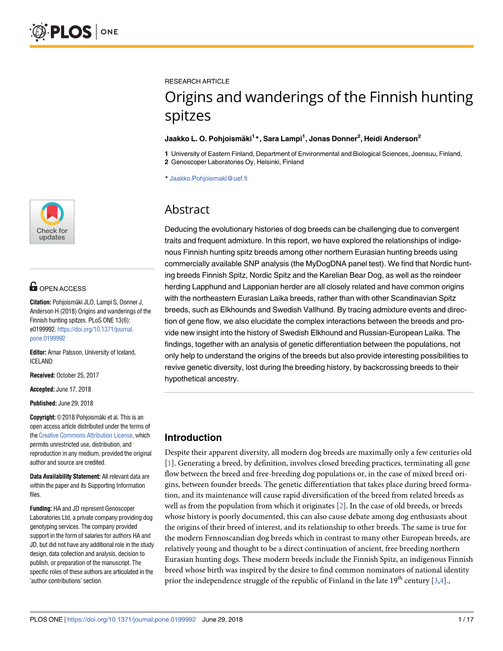 Origins and Wanderings of the Finnish Hunting Spitzes