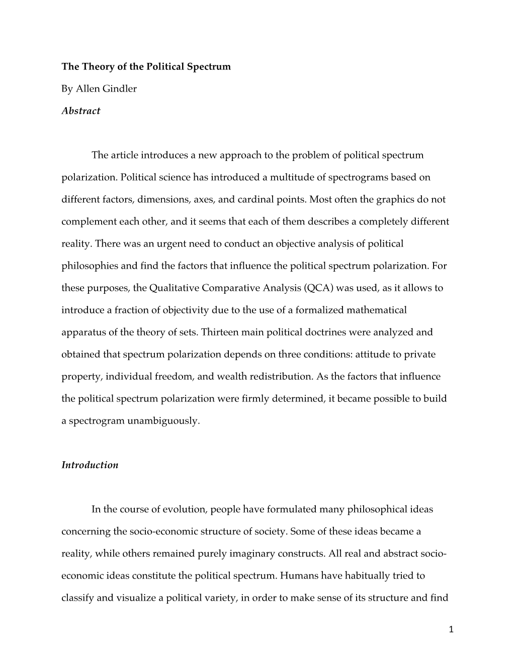 1 the Theory of the Political Spectrum by Allen Gindler Abstract the Article