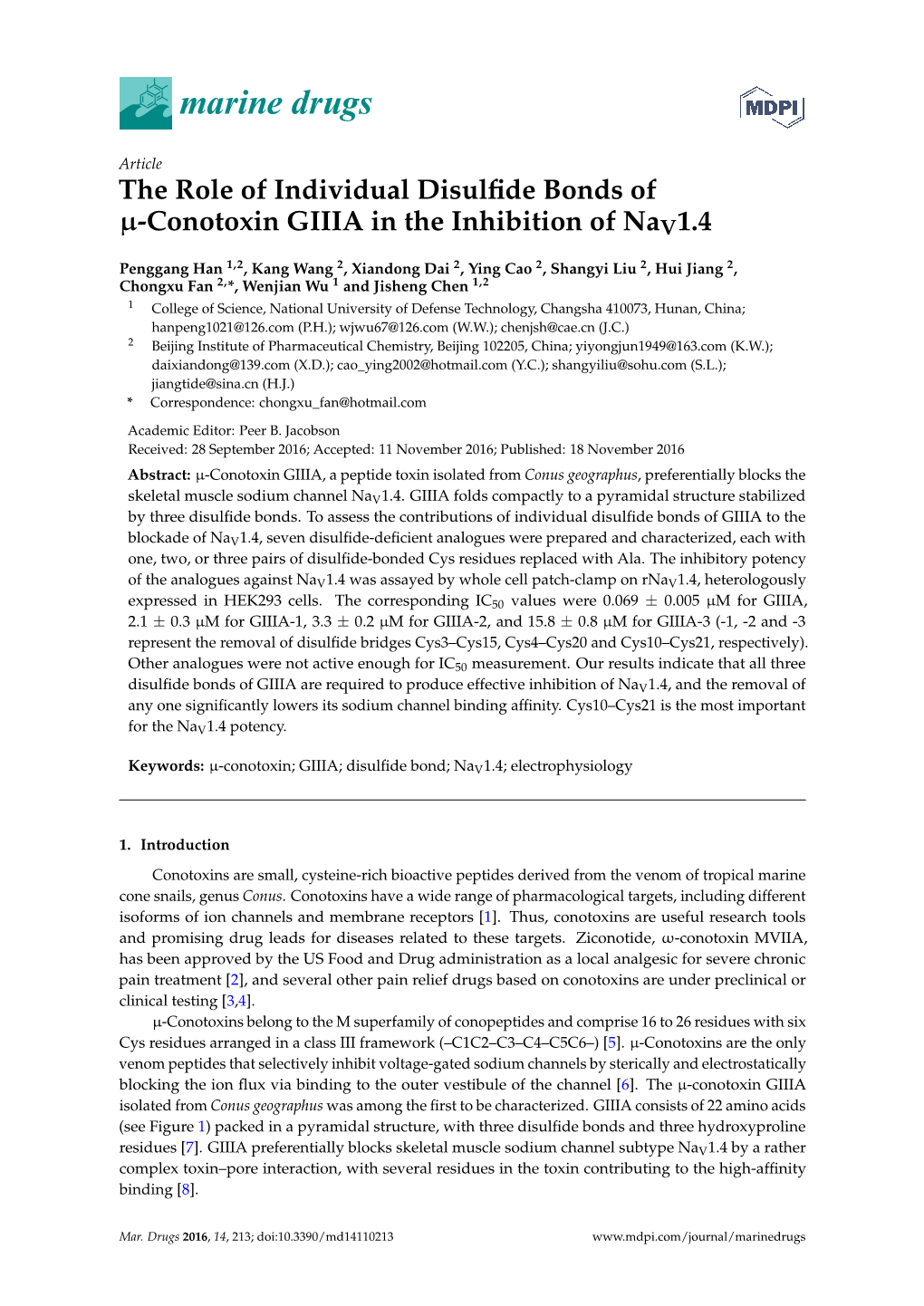 Conotoxin GIIIA in the Inhibition of Nav1.4