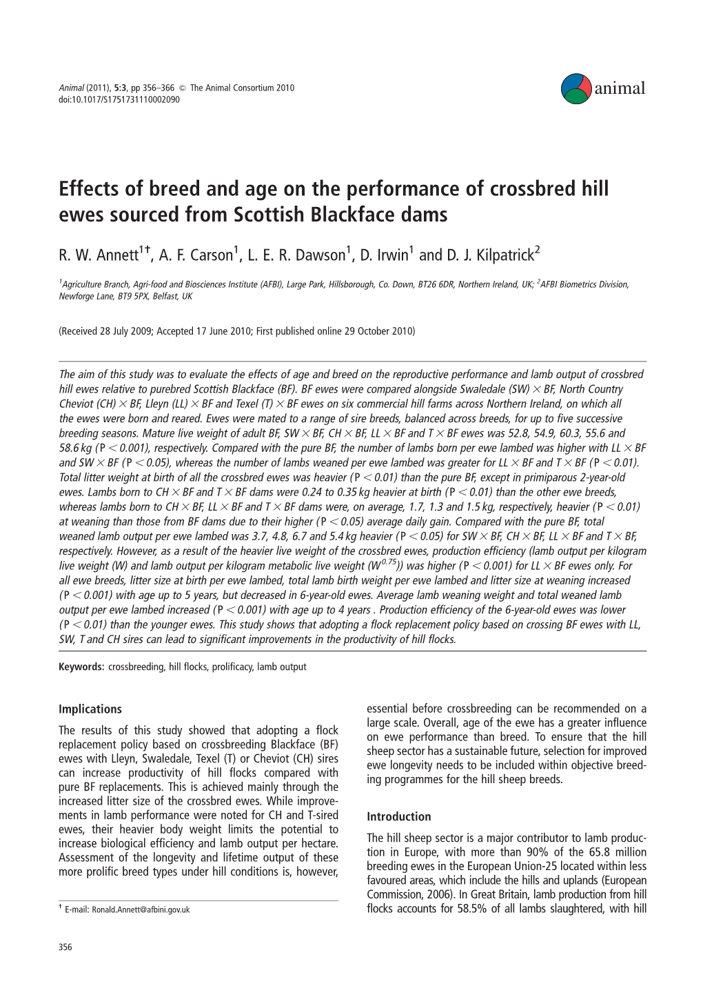 Effects of Breed and Age on the Performance of Crossbred Hill Ewes Sourced from Scottish Blackface Dams