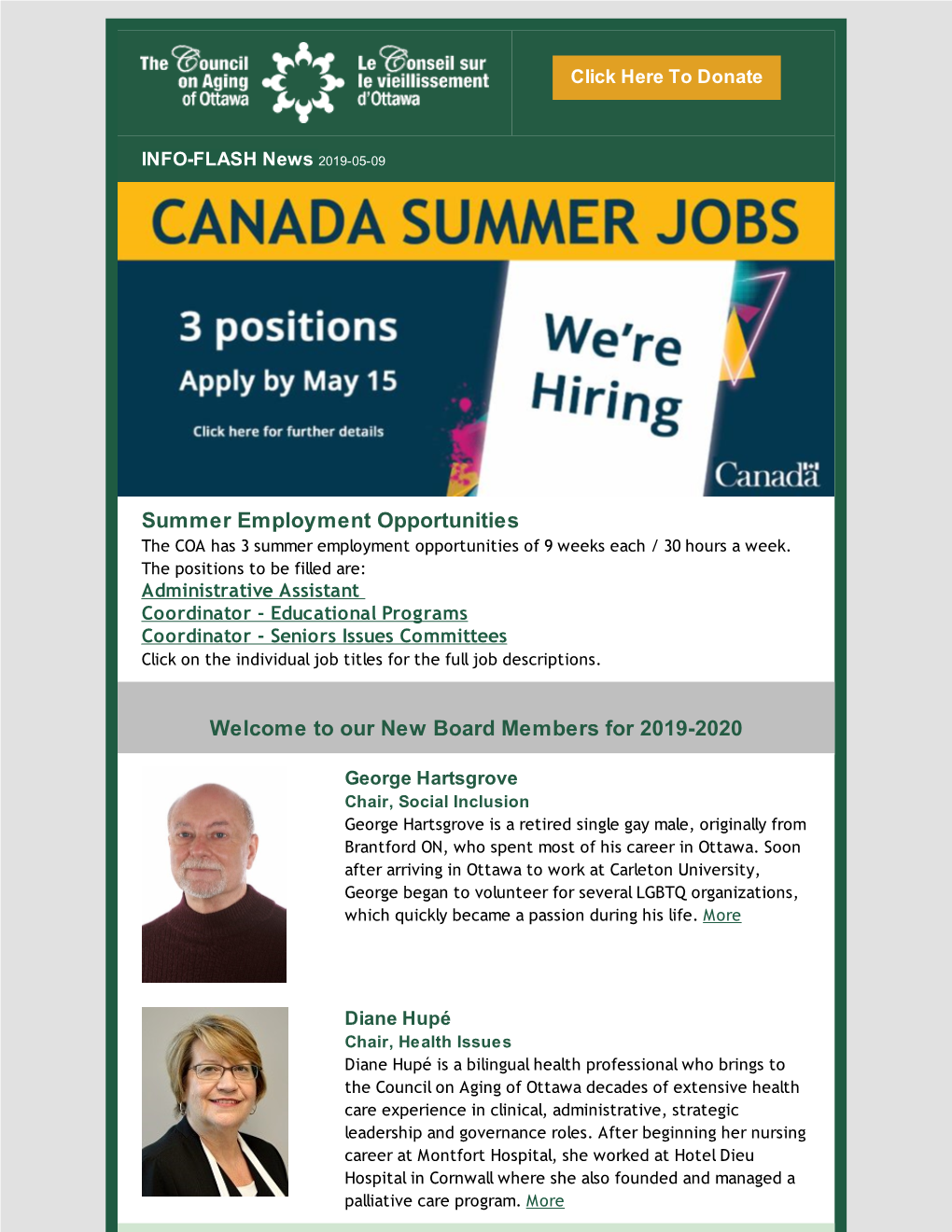 Summer Employment Opportunities the COA Has 3 Summer Employment Opportunities of 9 Weeks Each / 30 Hours a Week
