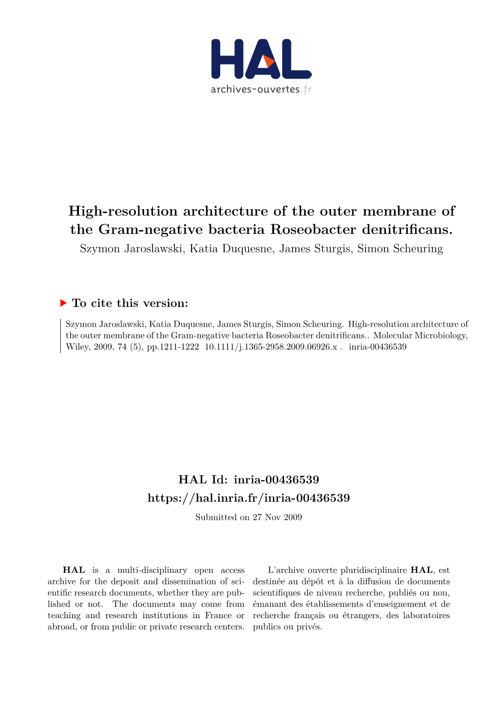 High-Resolution Architecture of the Outer Membrane of the Gram-Negative Bacteria Roseobacter Denitrificans