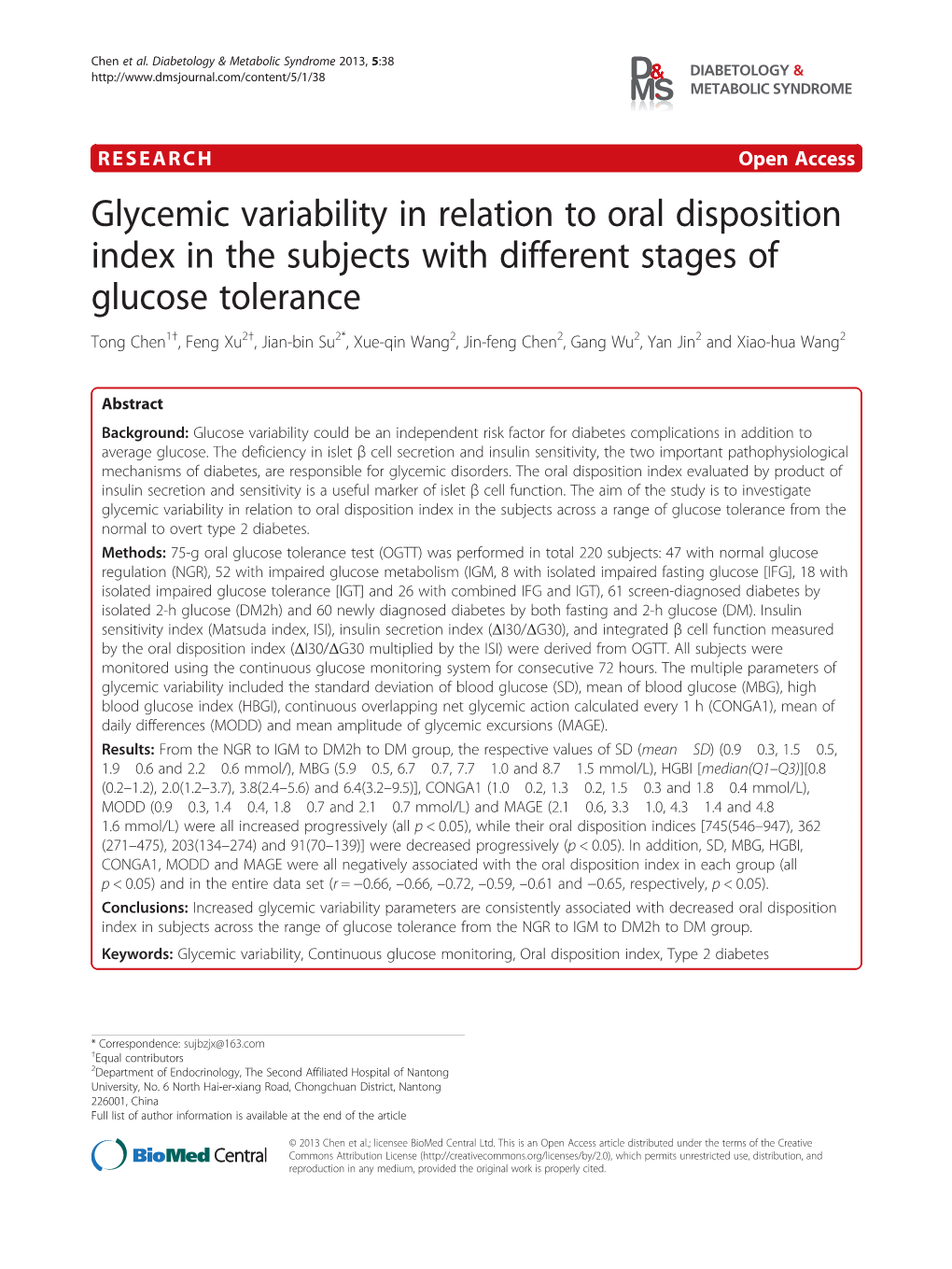 Glycemic Variability in Relation to Oral Disposition Index in the Subjects