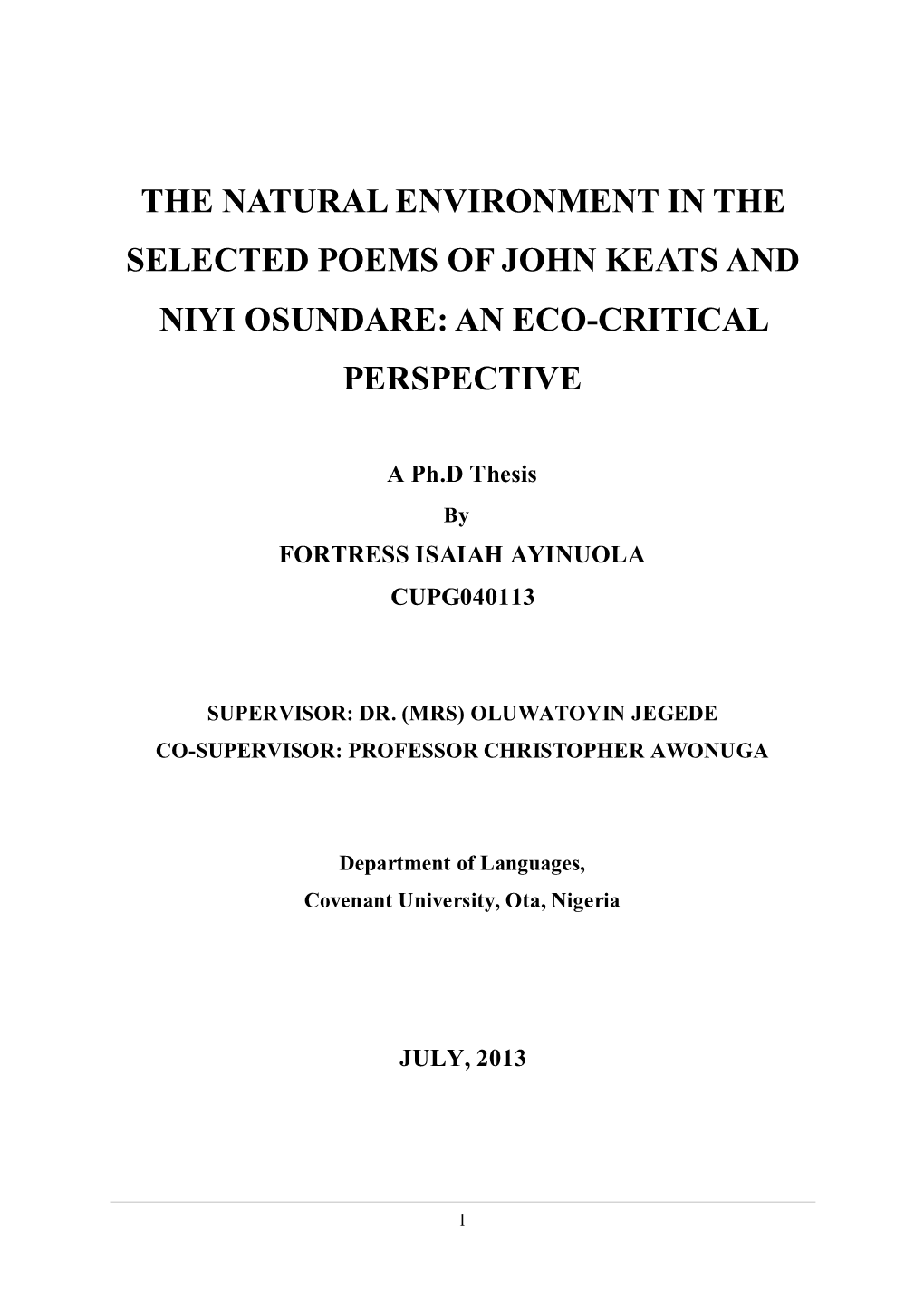 The Natural Environment in the Selected Poems of John Keats and Niyi Osundare: an Eco-Critical Perspective