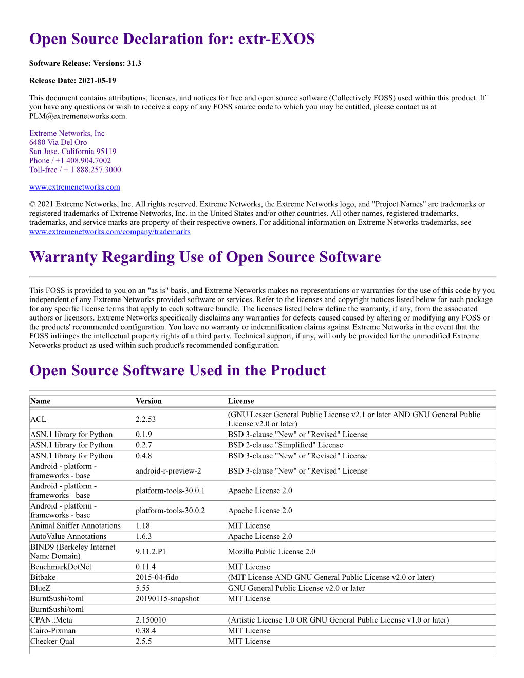 Open Source Declaration For: Extr-EXOS Warranty Regarding Use