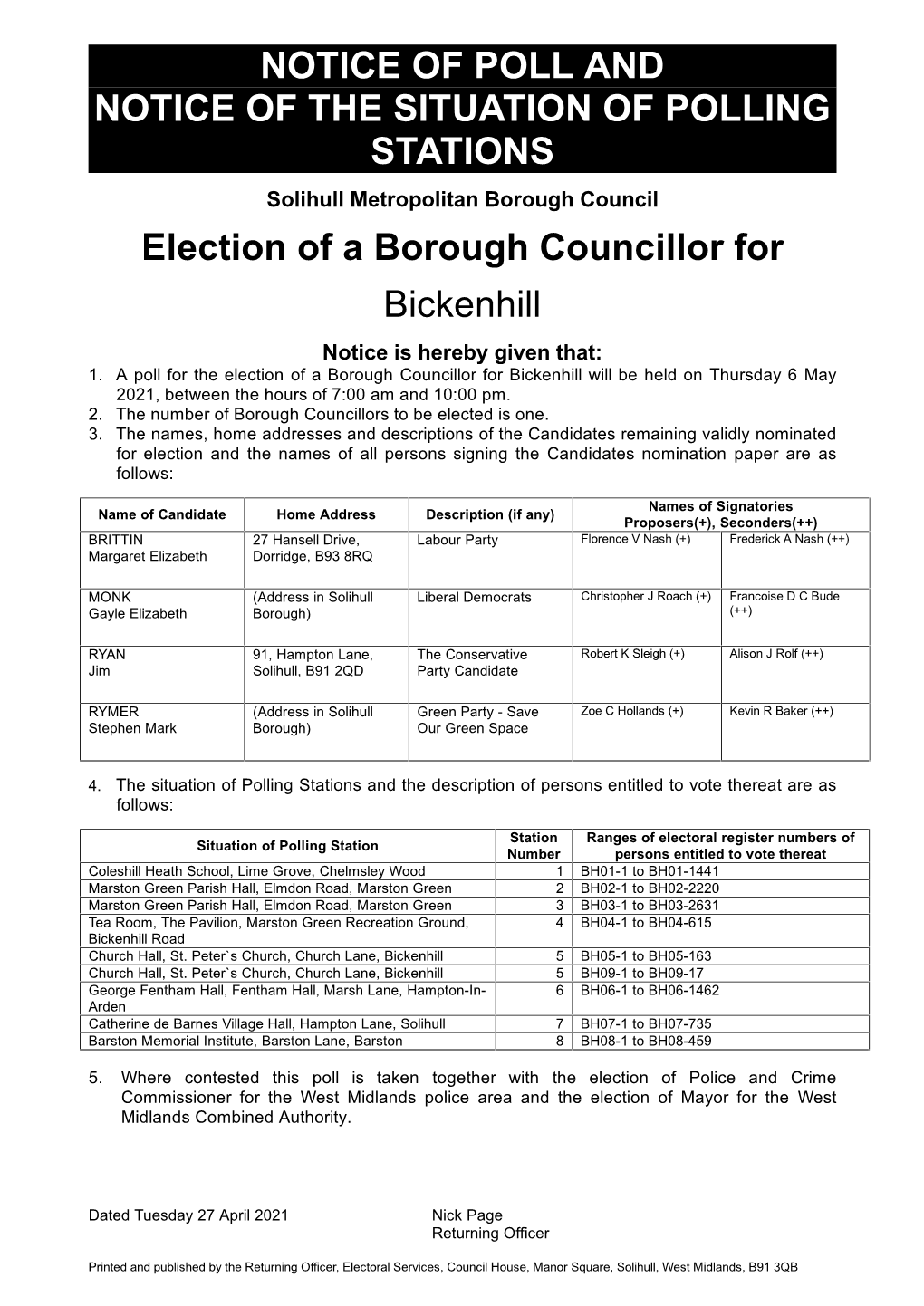 Notice of Poll and Situation of Polling Stations