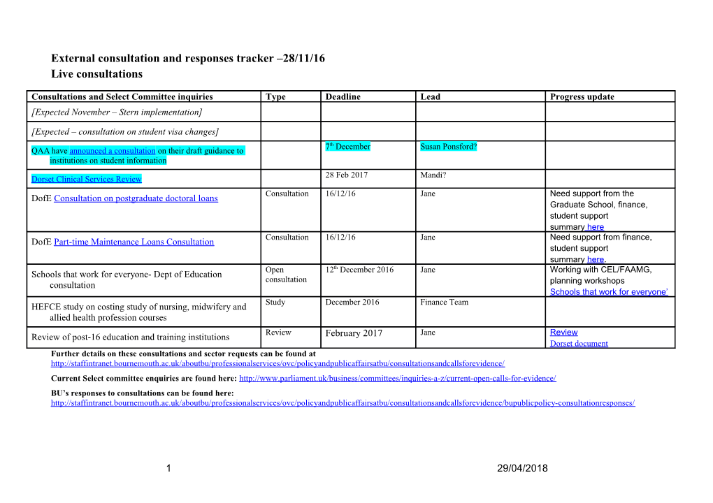 28Th November 2016 Consultation and Responses Tracker