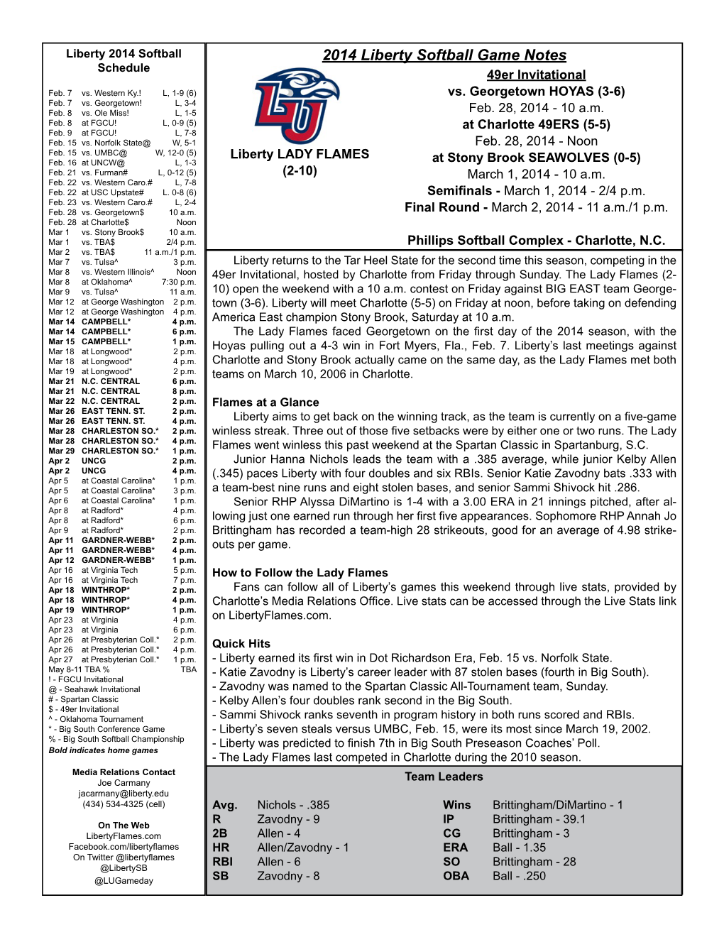 2014 Liberty Softball Game Notes Schedule 49Er Invitational Feb