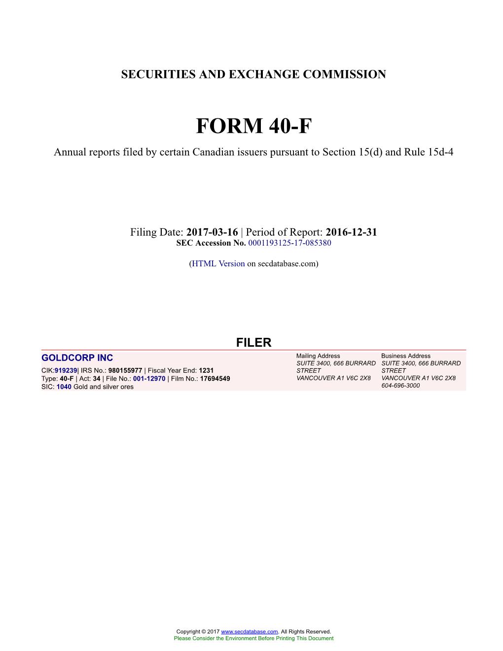 GOLDCORP INC Form 40-F Filed 2017-03-16