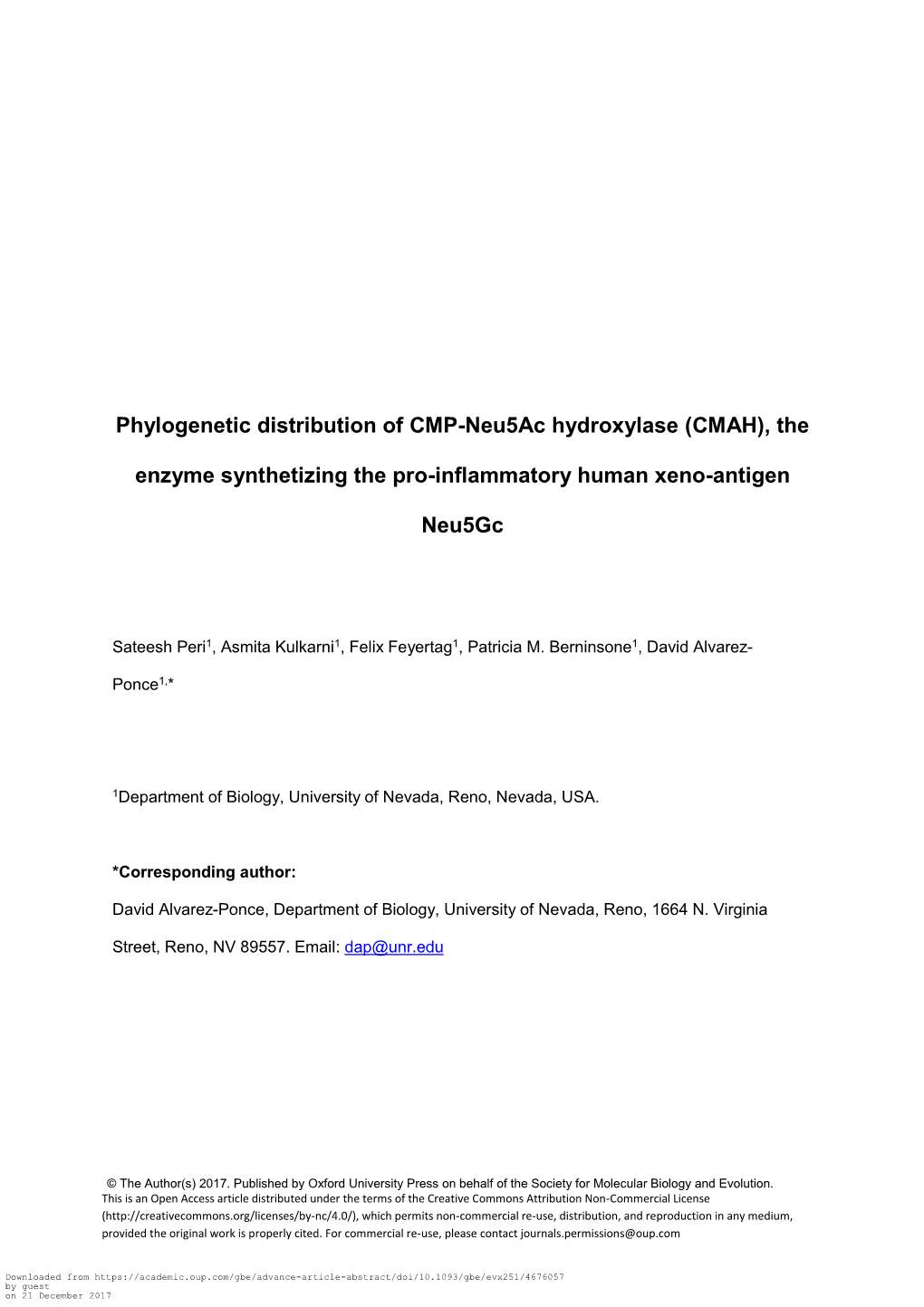 Phylogenetic Distribution of CMP-Neu5ac Hydroxylase (CMAH), The
