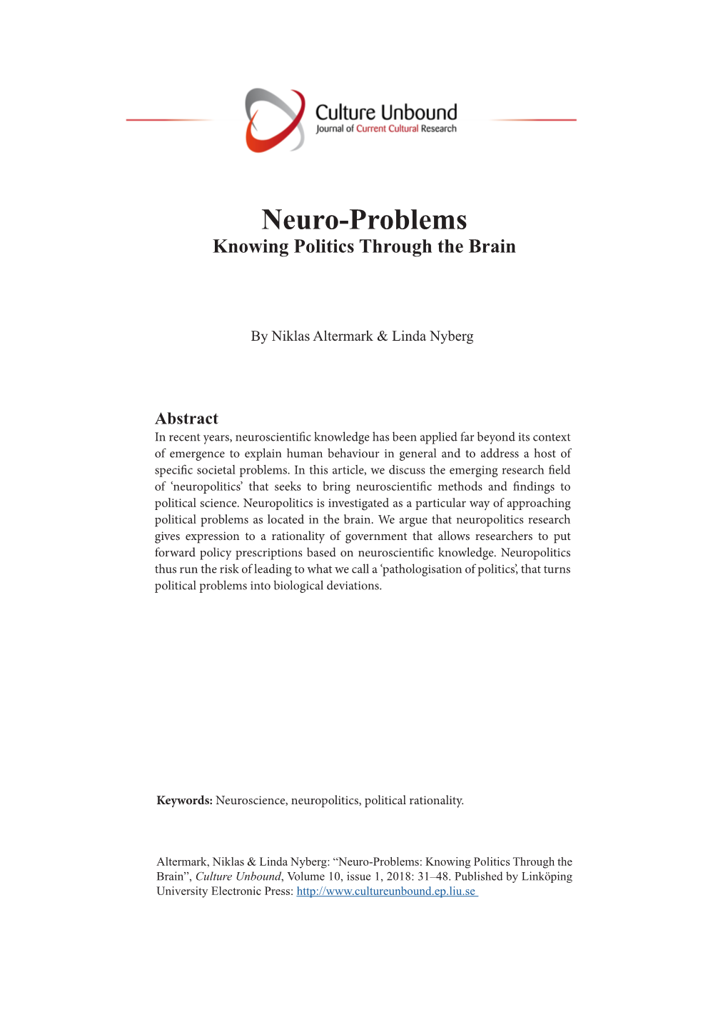 Neuro-Problems Knowing Politics Through the Brain