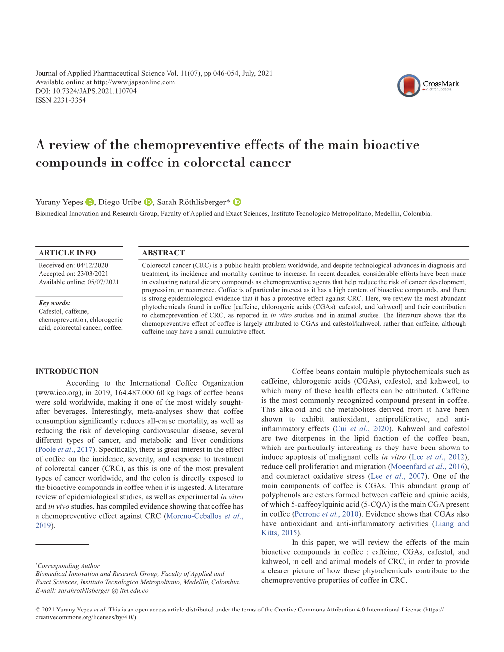 A Review of the Chemopreventive Effects of the Main Bioactive Compounds in Coffee in Colorectal Cancer