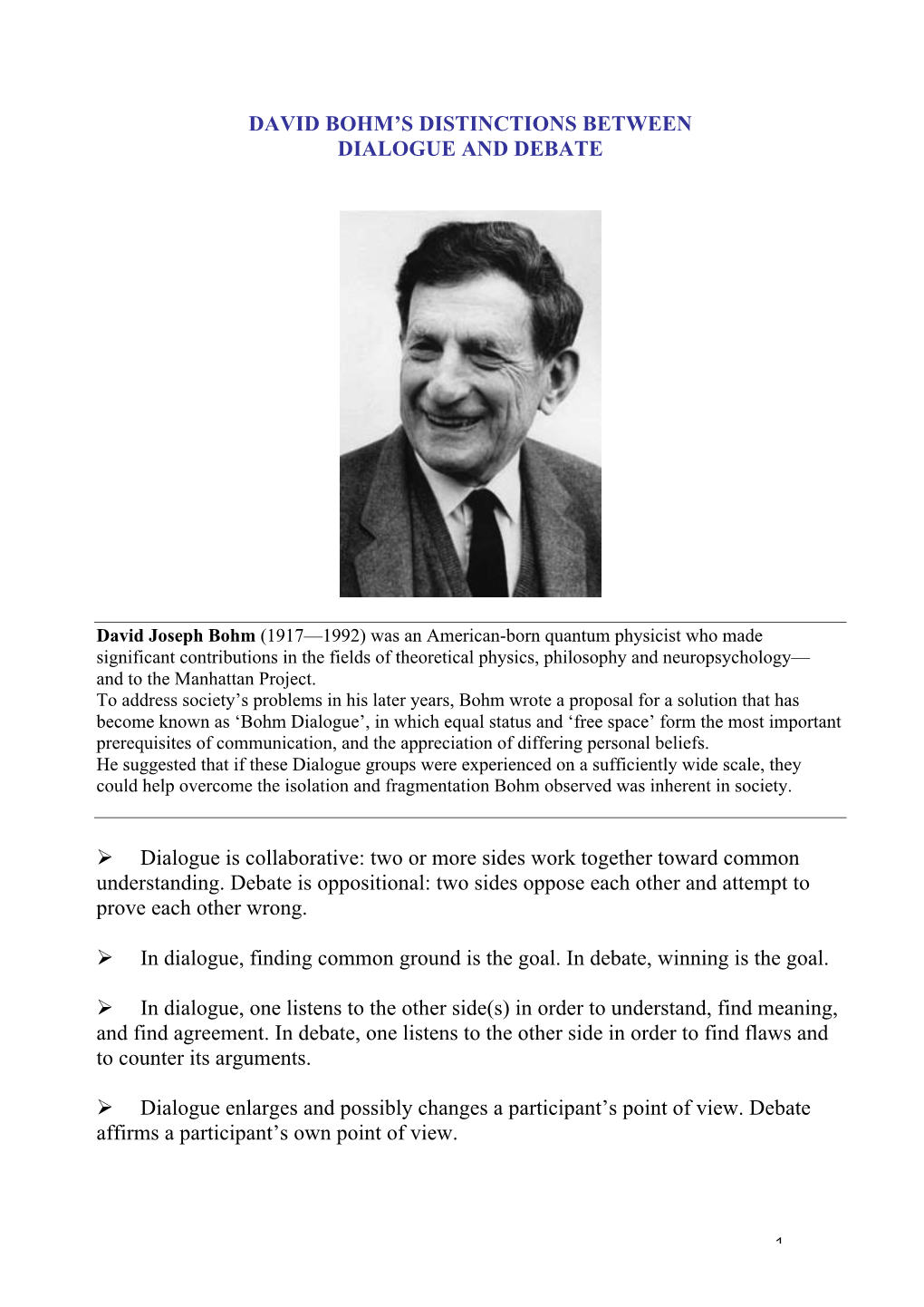 David Bohm's Distinctions Between