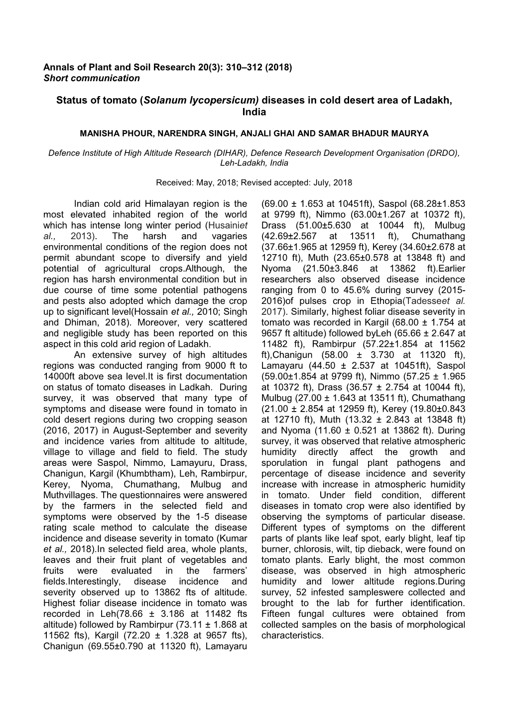 (Solanum Lycopersicum) Diseases in Cold Desert Area of Ladakh, India