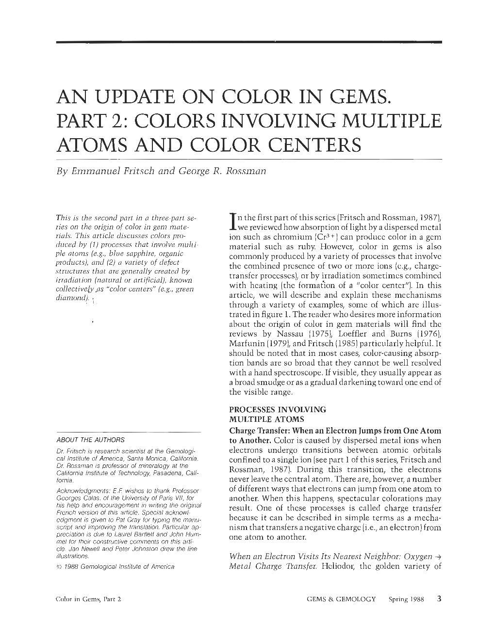 AN UPDATE on COLOR in GEMS. PART 2: COLORS INVOLVING MULTIPLE ATOMS and COLOR CENTERS by Emmunuel Fritsch and George R