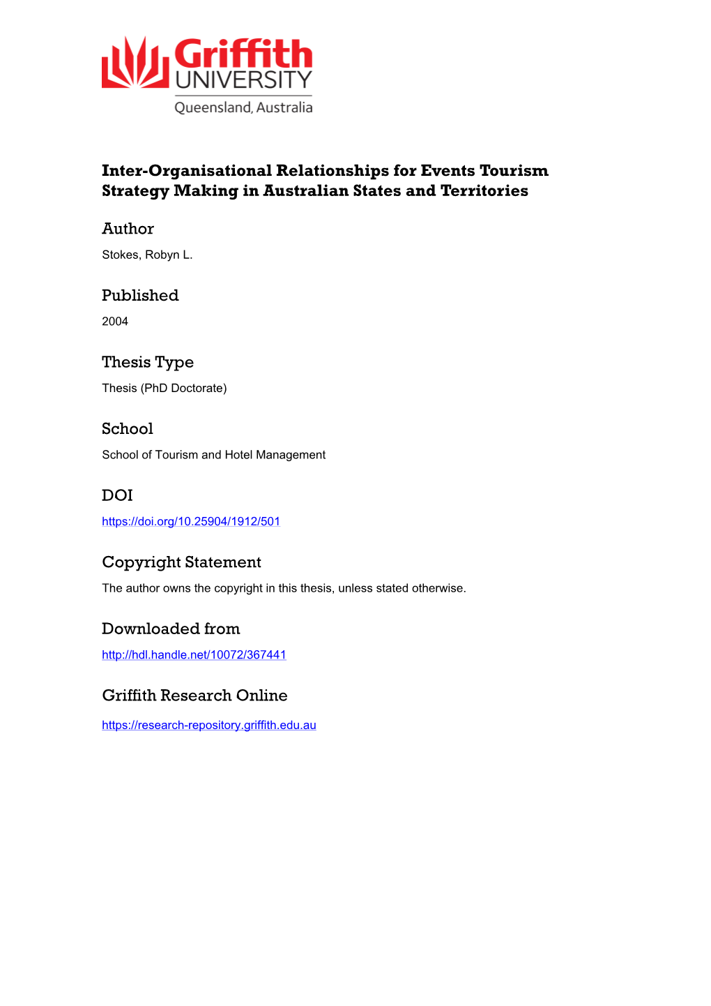 Griffith University Inter-Organisational Relationships for Events Tourism