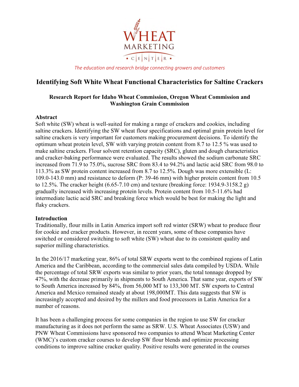 Identifying Soft White Wheat Functional Characteristics for Saltine Crackers