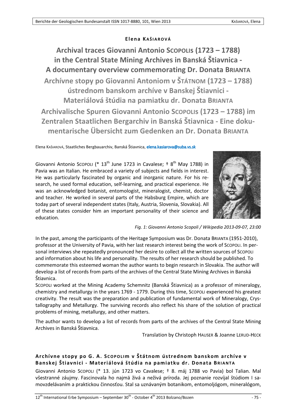 Archival Traces Giovanni Antonio Scopolis (1723 – 1788) in the Central State Mining Archives in Banská Štiavnica - a Documentary Overview Commemorating Dr