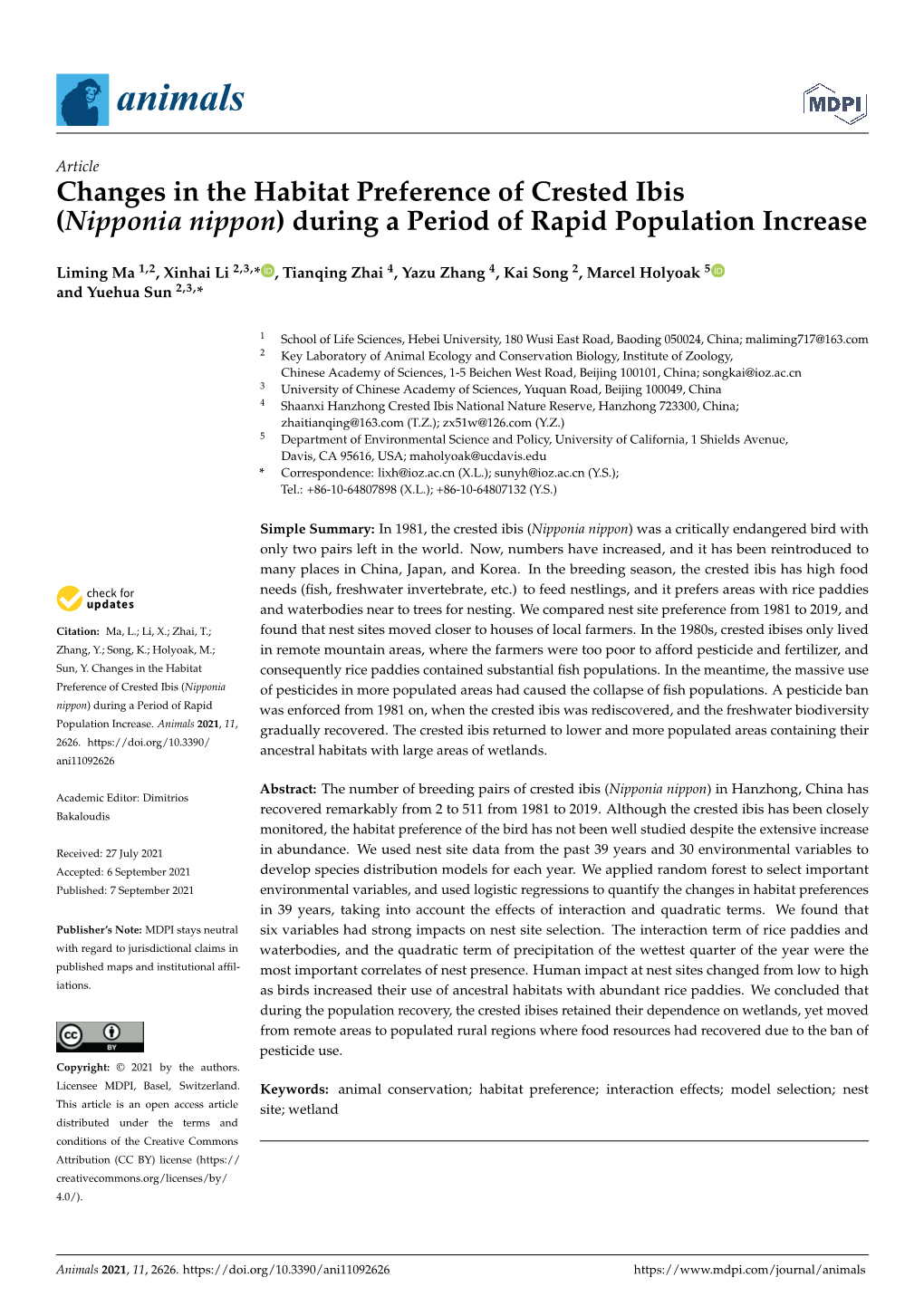 Changes in the Habitat Preference of Crested Ibis (Nipponia Nippon) During a Period of Rapid Population Increase