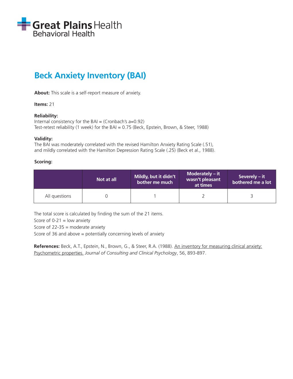 Beck Anxiety Inventory (BAI)