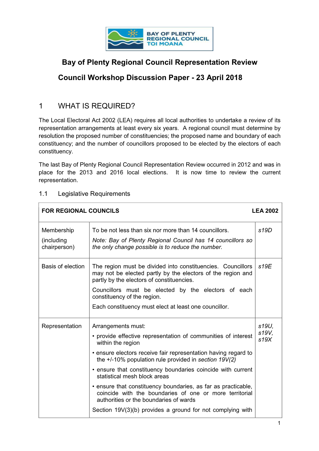 Bay of Plenty Regional Council Representation Review Council Workshop Discussion Paper