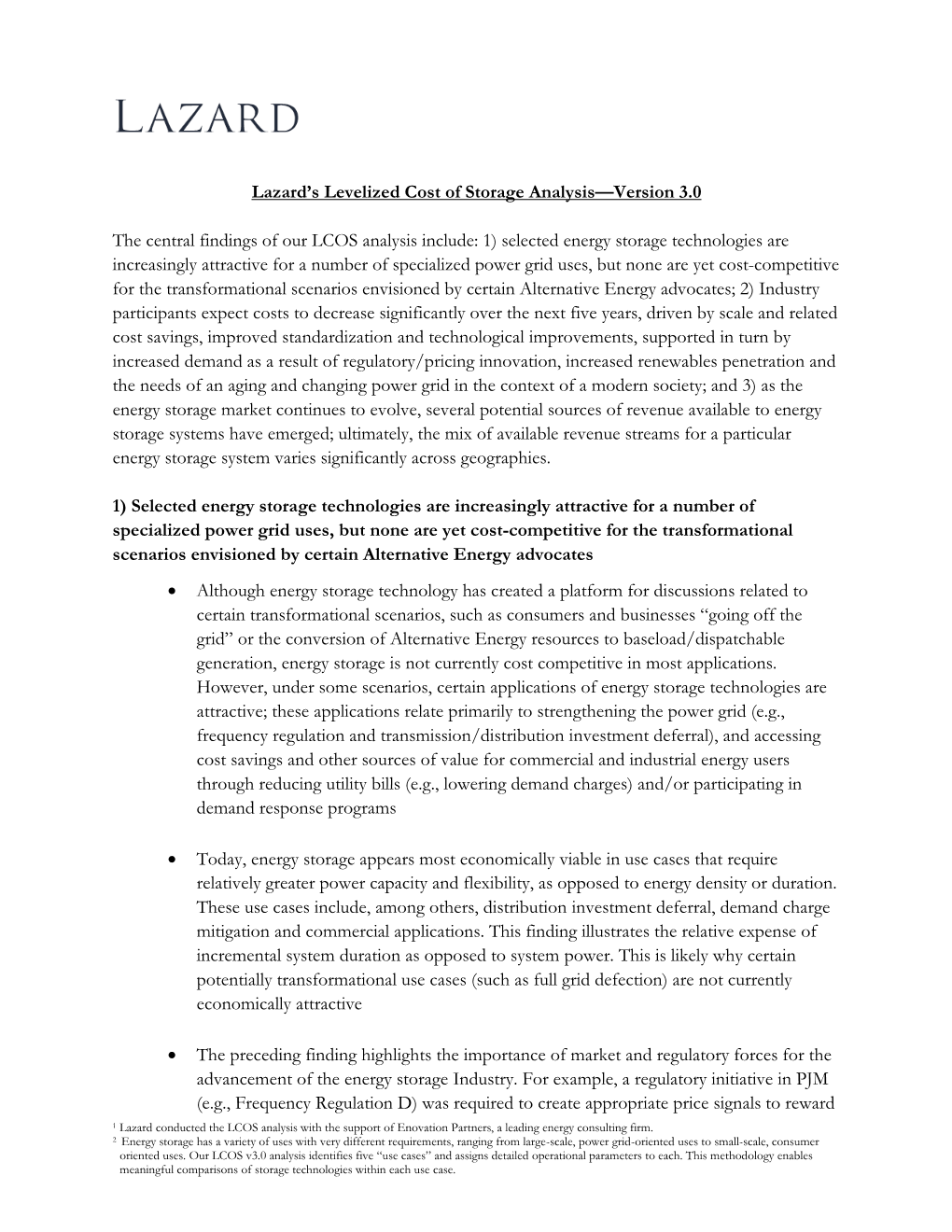 Lazard's Levelized Cost of Storage Analysis—Version 3.0 the Central