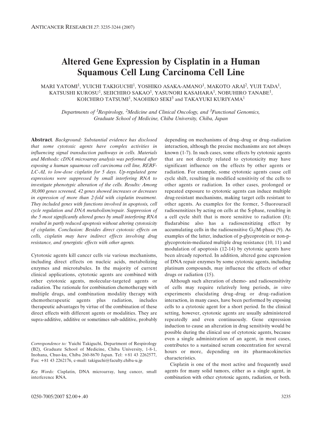 Altered Gene Expression by Cisplatin in a Human Squamous Cell Lung Carcinoma Cell Line