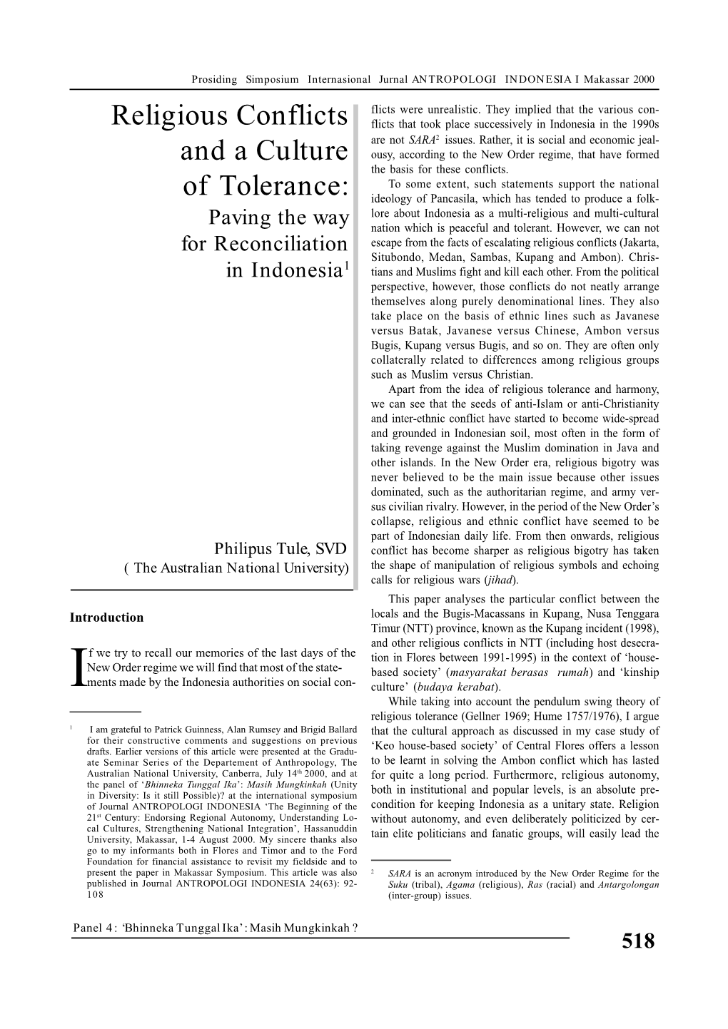 Religious Conflicts and a Culture of Tolerance
