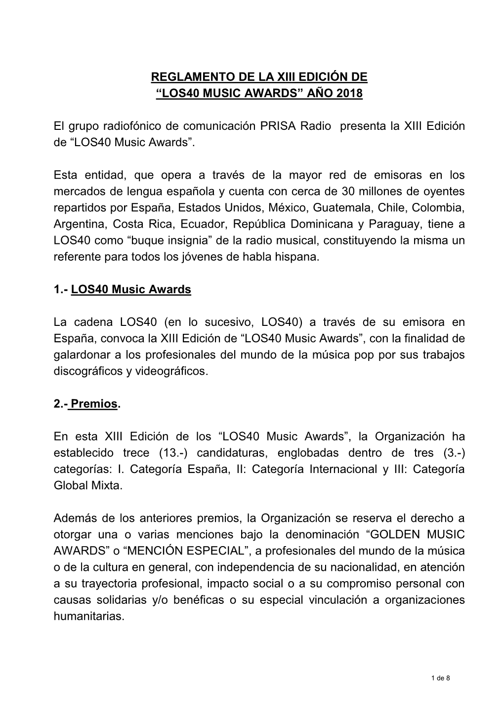 Reglamento De La Xiii Edición De Los40 Music Awards