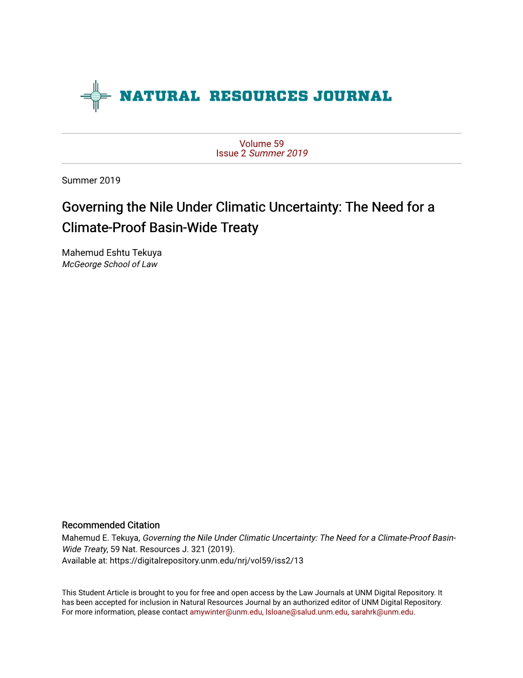 Governing the Nile Under Climatic Uncertainty: the Need for a Climate-Proof Basin-Wide Treaty