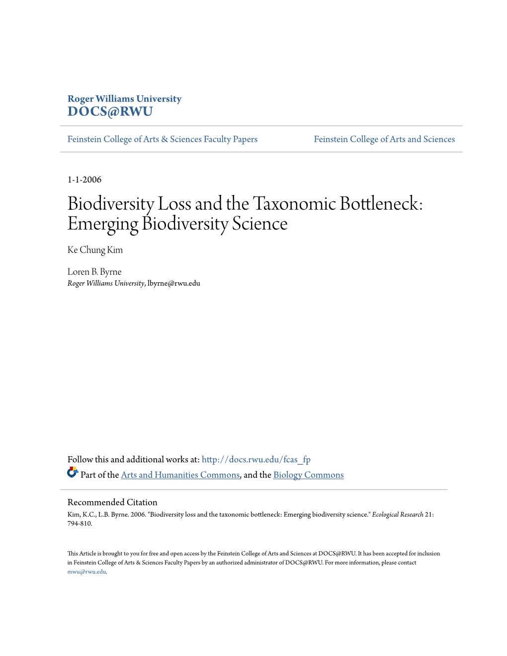 Biodiversity Loss and the Taxonomic Bottleneck: Emerging Biodiversity Science Ke Chung Kim