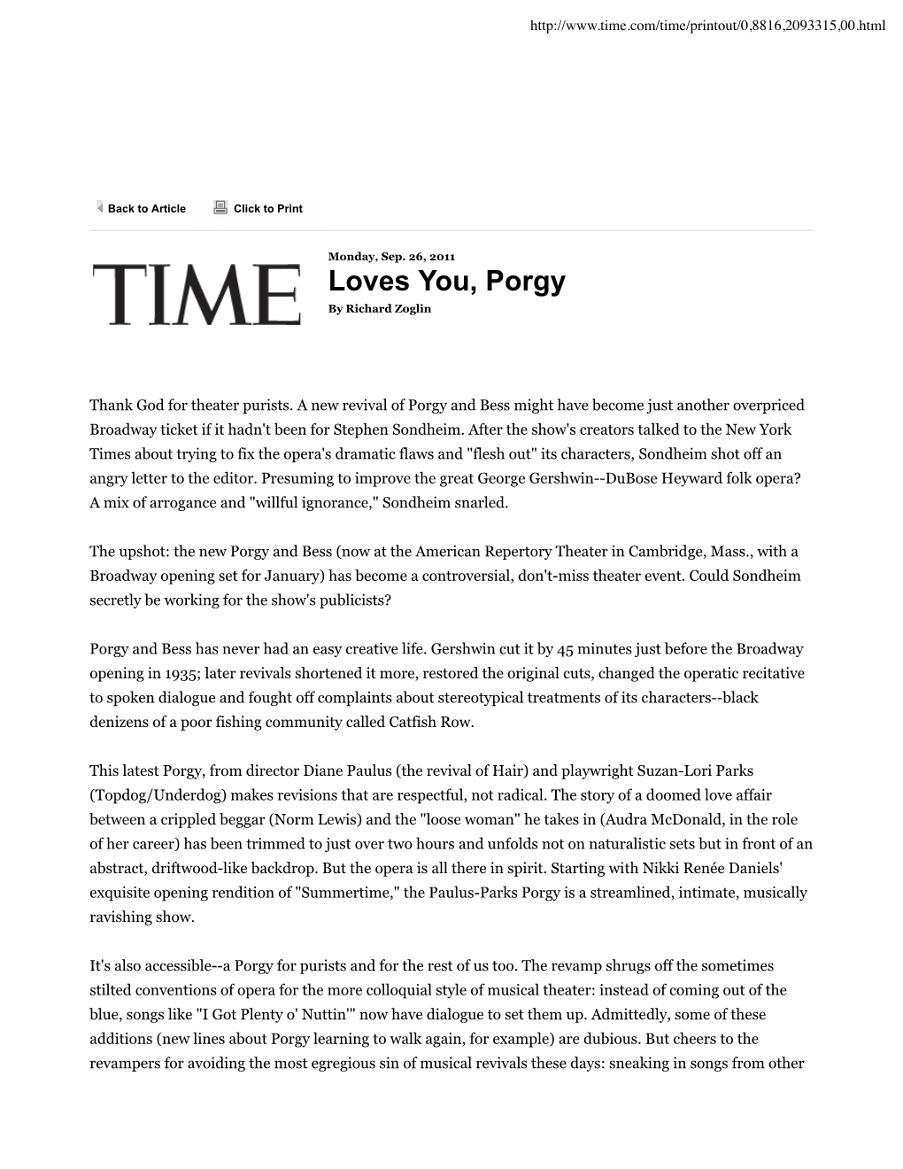 Loves You, Porgy -- Printout -- TIME