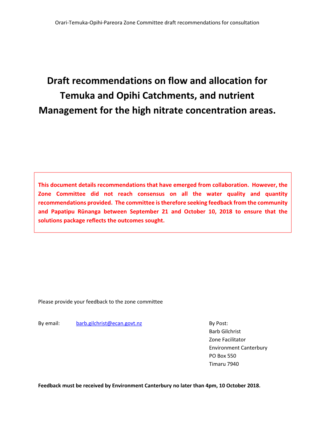 Draft Recommendations on Flow and Allocation for Temuka and Opihi Catchments, and Nutrient Management for the High Nitrate Concentration Areas