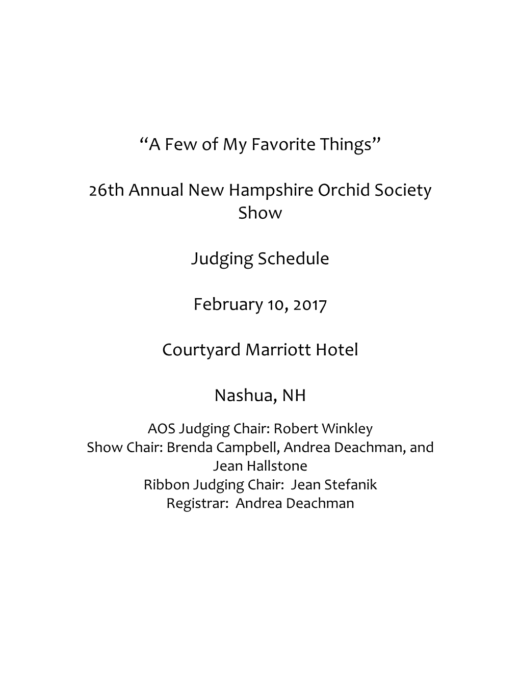 26Th Annual New Hampshire Orchid Society Show Judging Schedule