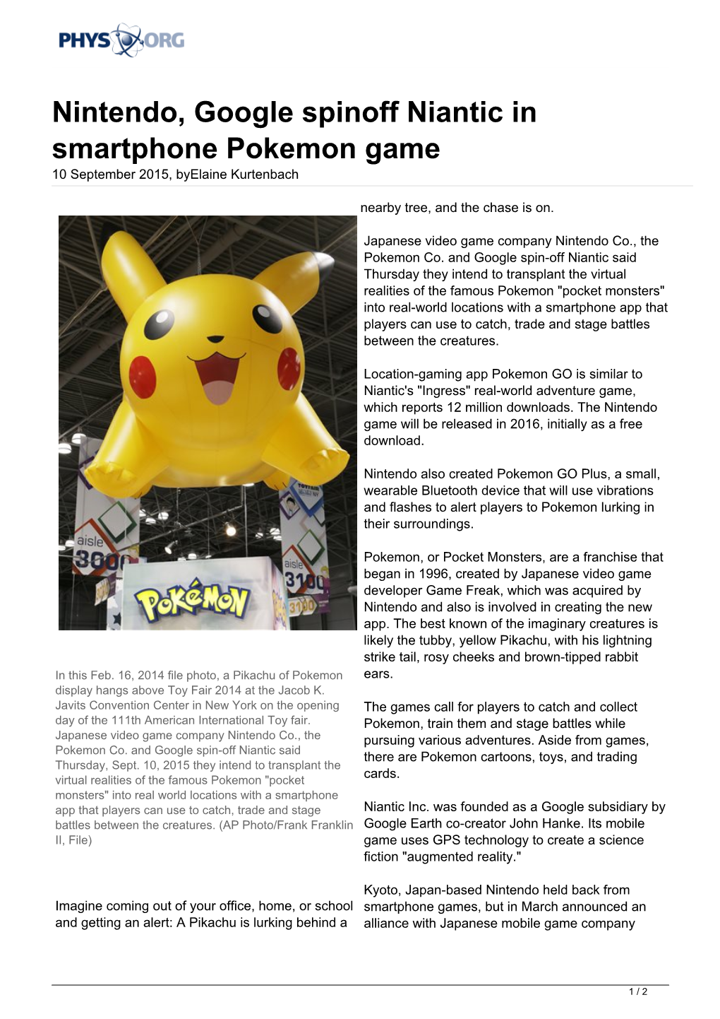 Nintendo, Google Spinoff Niantic in Smartphone Pokemon Game 10 September 2015, Byelaine Kurtenbach