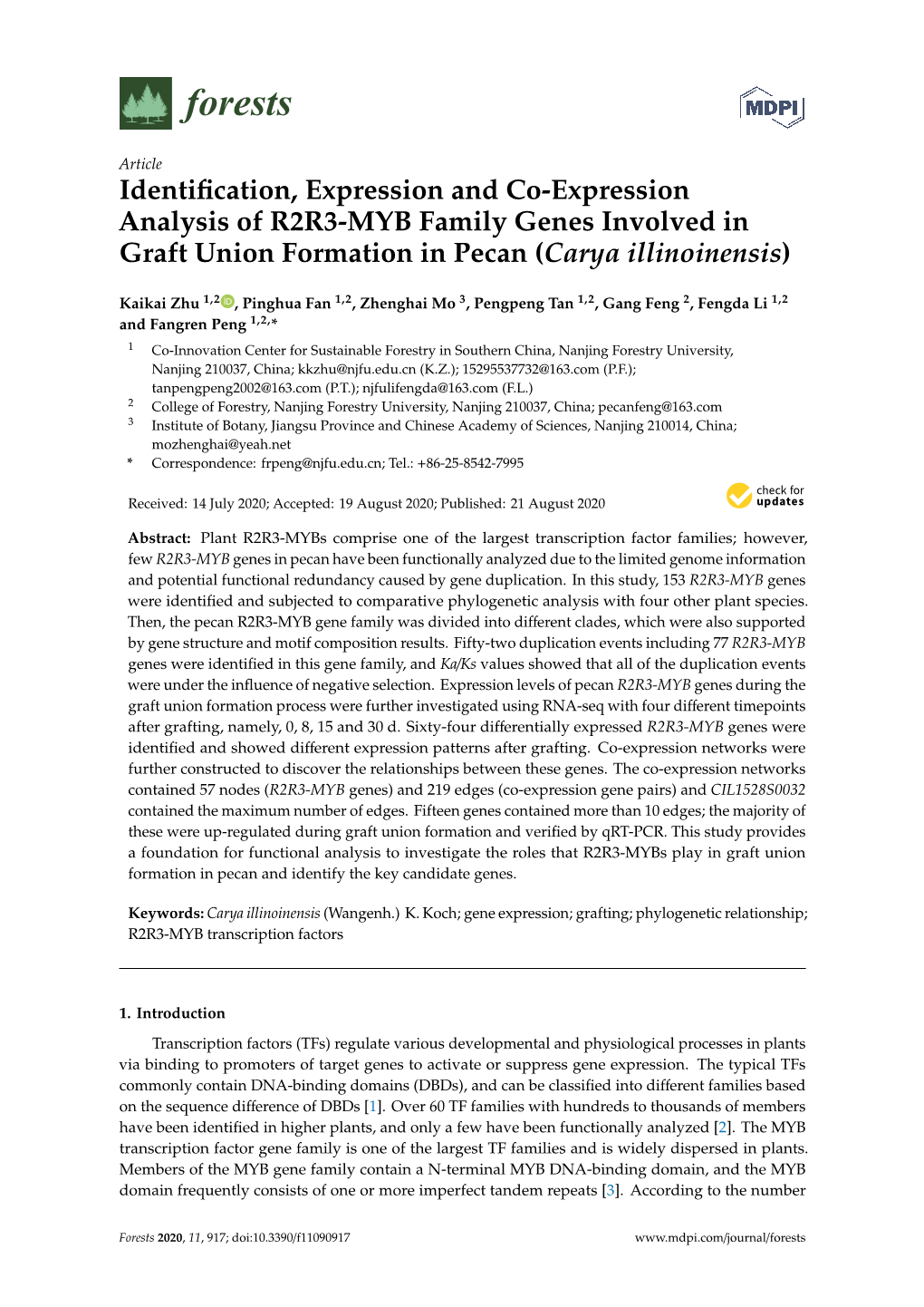 Identification, Expression and Co-Expression Analysis of R2R3-MYB Family Genes Involved in Graft Union Formation in Pecan