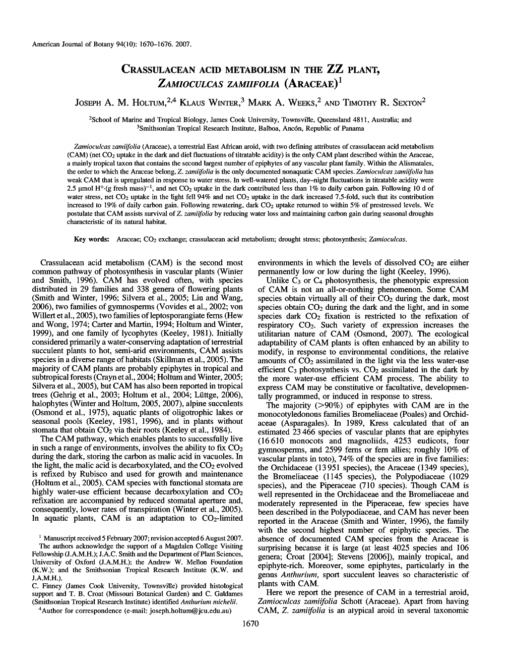 Crassulacean Acid Metabolism in the Zz Plant, Zamioculcas Zamiifolia (Araceae)^