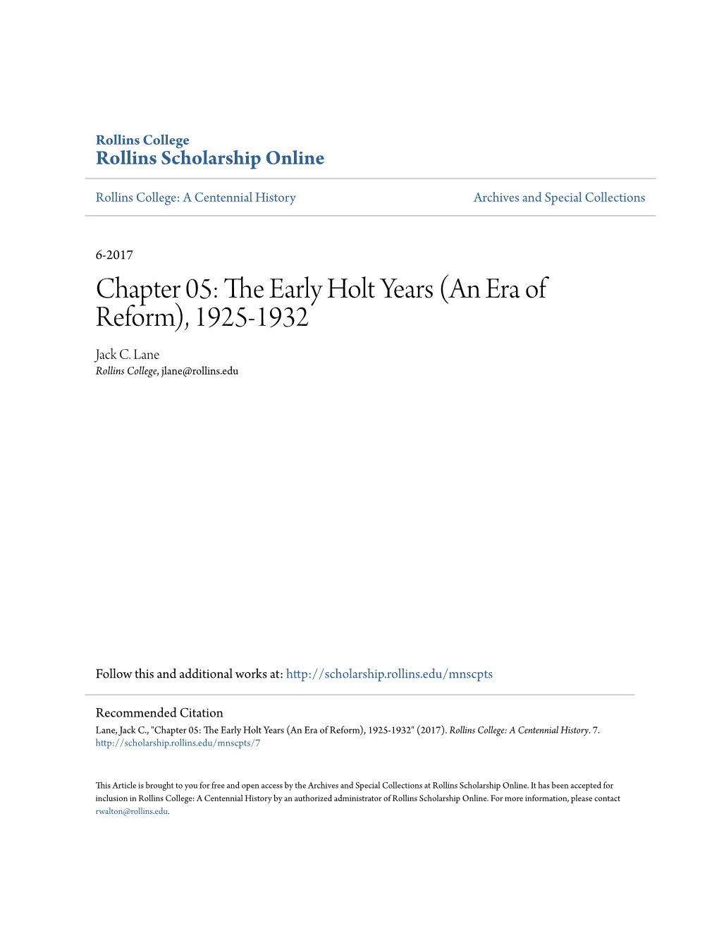 The Early Holt Years (An Era of Reform), 1925-1932" (2017)