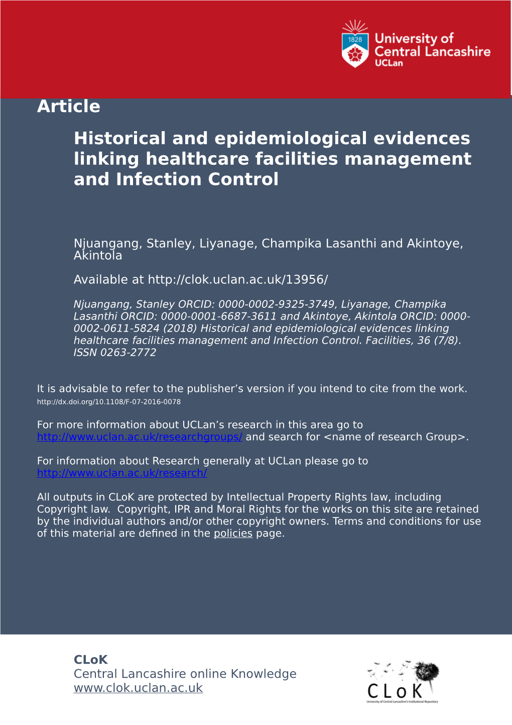 Article Historical and Epidemiological Evidences Linking Healthcare Facilities Management and Infection Control