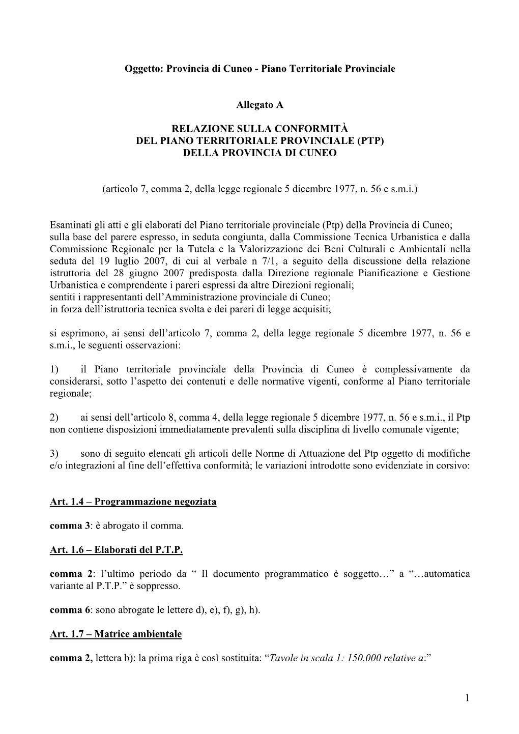 Oggetto: Provincia Di Cuneo - Piano Territoriale Provinciale