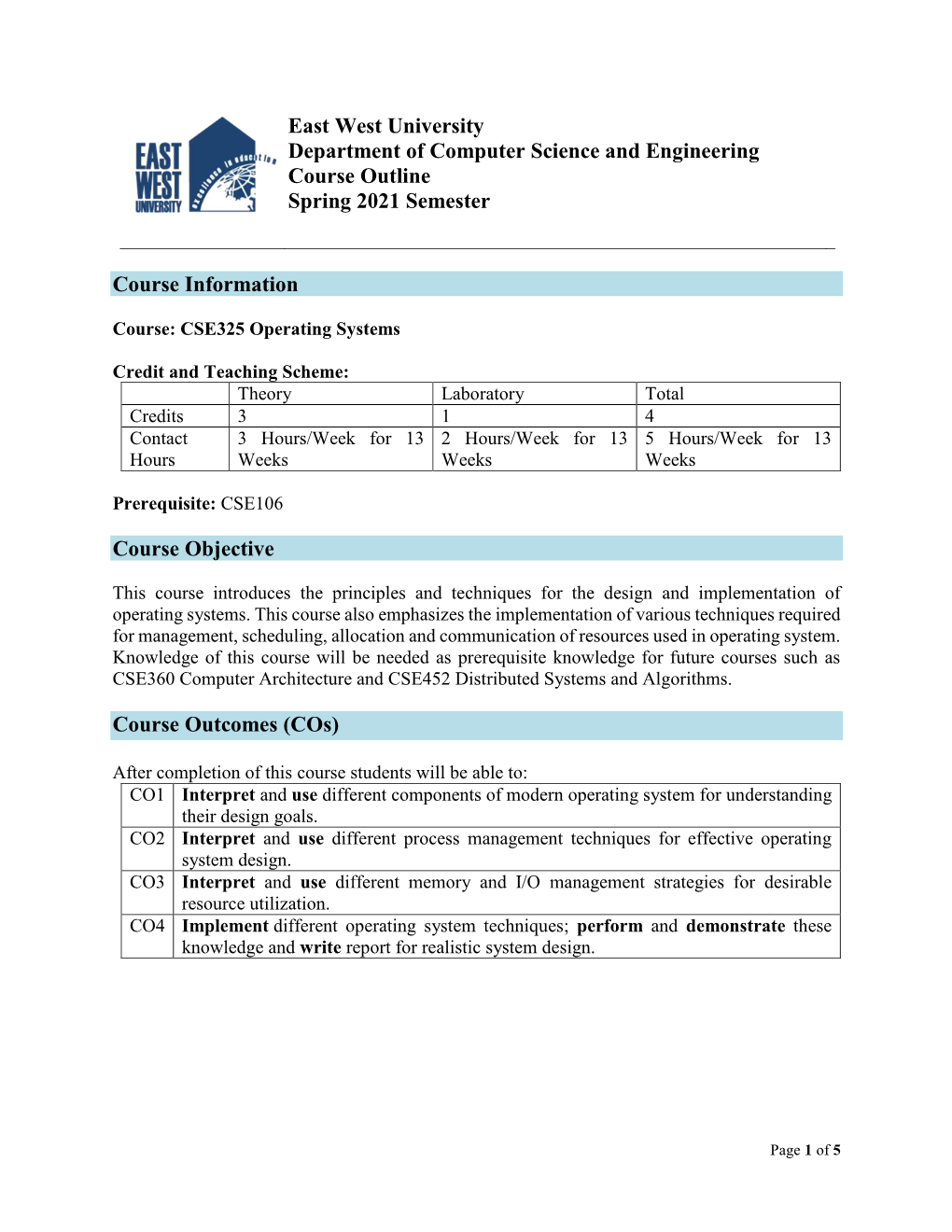 East West University Department of Computer Science and Engineering Course Outline Spring 2021 Semester