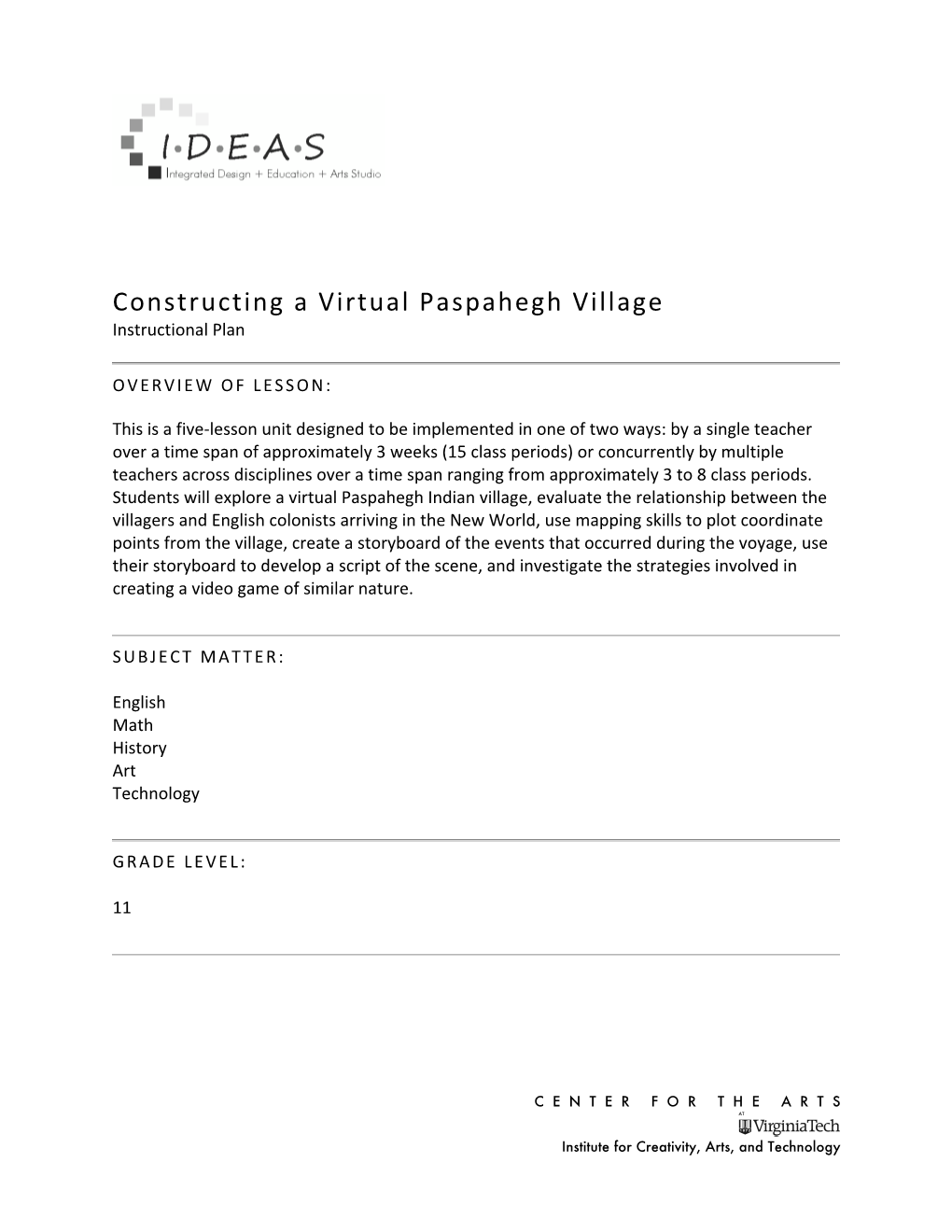 Constructing a Virtual Paspahegh Village Instructional Plan