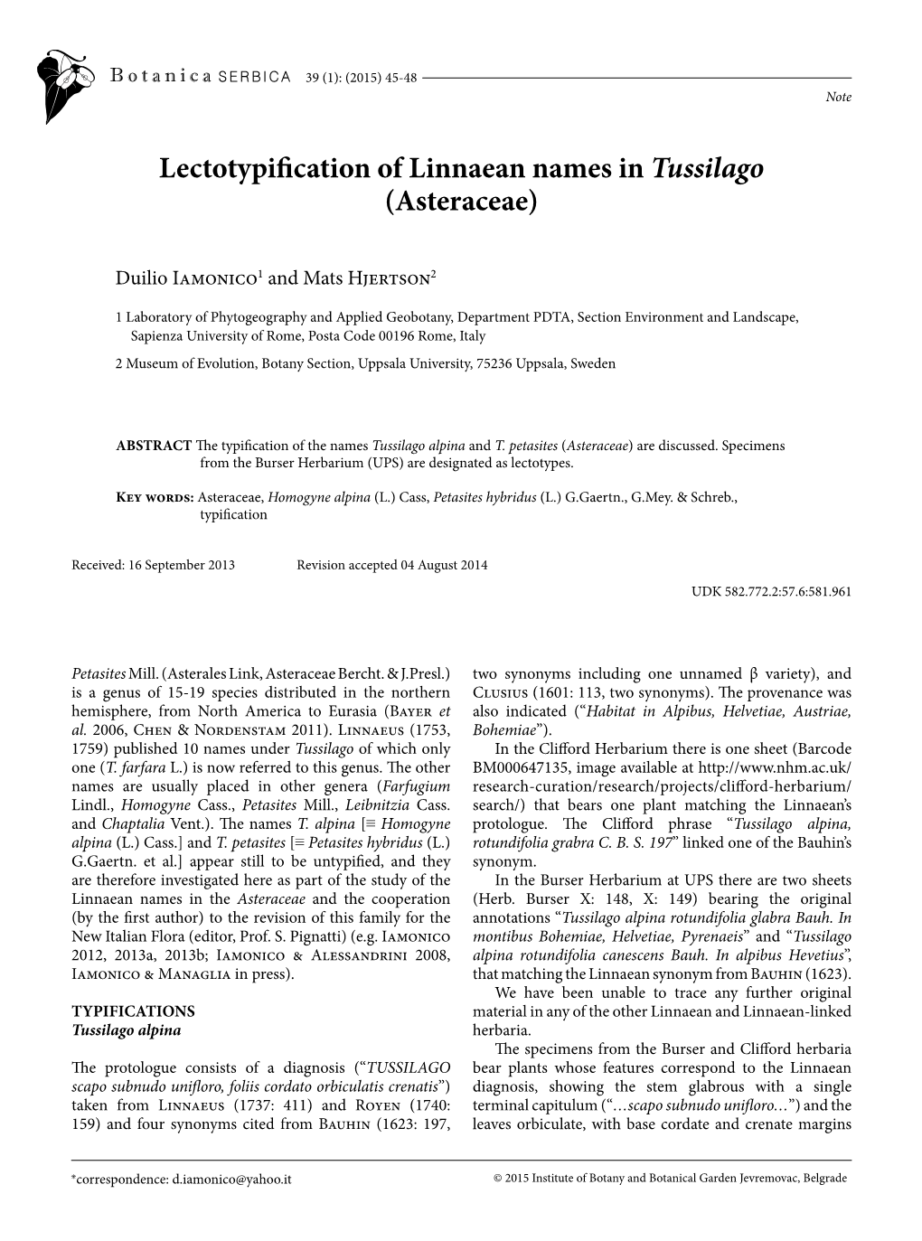 Lectotypification of Linnaean Names in Tussilago (Asteraceae)