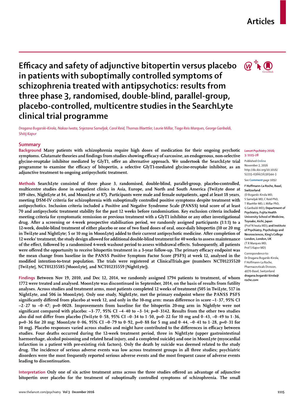 Efficacy and Safety of Adjunctive Bitopertin Versus Placebo In