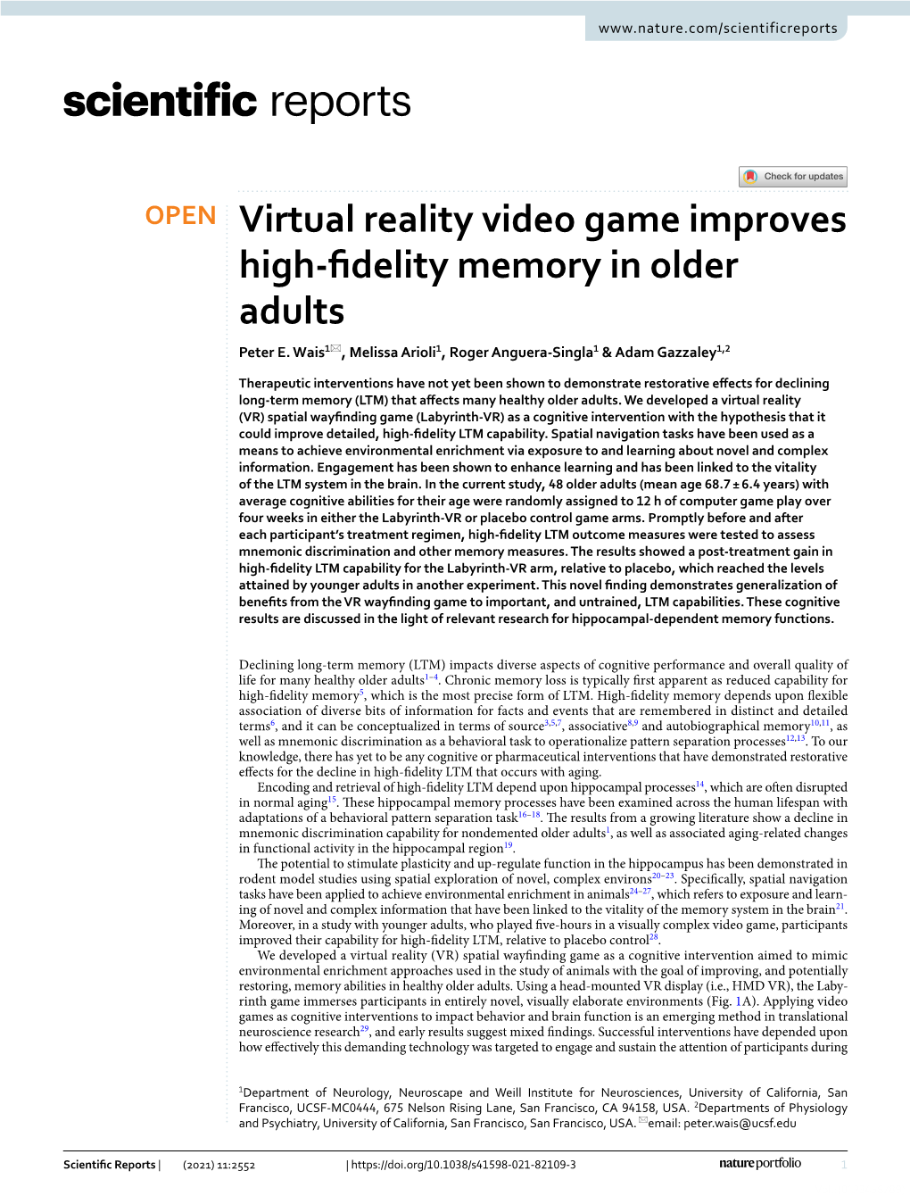 Virtual Reality Video Game Improves High-Fidelity Memory in Older Adults