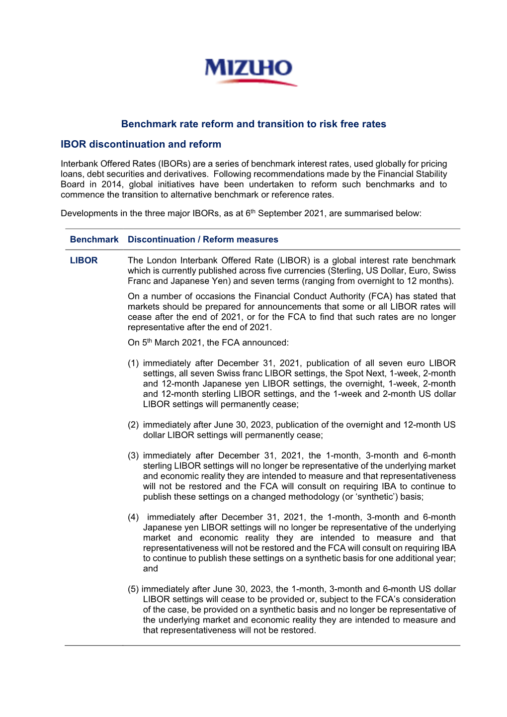 Benchmark Rate Reform and Transition to Risk Free Rates IBOR Discontinuation and Reform